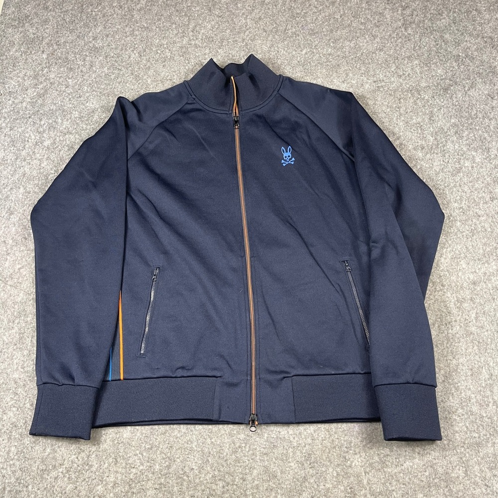 Psycho Bunny Mens Navy Blue Full Zip Track Jacket Orange Accent Size 6 LG